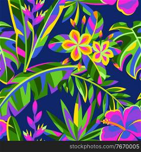Seamless pattern with tropical flowers and palm leaves. Summer exotic floral decorative background.. Seamless pattern with tropical flowers and palm leaves.