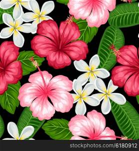 Seamless pattern with tropical flowers hibiscus and plumeria. Background made without clipping mask. Easy to use for backdrop, textile, wrapping paper.