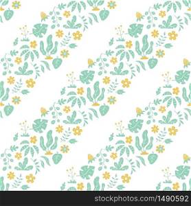Seamless pattern with tropical green leaves and yellow flowers on white backround. Diagonal stripes. Vector illustration. Seamless pattern with tropical green leaves and yellow flowers on white backround. Vector