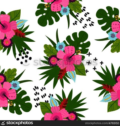 Seamless pattern with tropical leaves and flowers. Vector illustration for your design. Seamless pattern with tropical leaves and flowers.