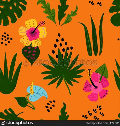 Seamless pattern with tropical leaves and flowers. Vector illustration for your design. Seamless pattern with tropical leaves and flowers.