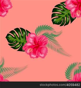 Seamless pattern with tropical leaves and hibiscus flowers.. Seamless pattern with tropical leaves, hibiscus flowers