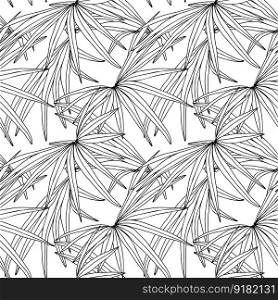 Seamless pattern with tropical leaves line, vector illustration, leaf of plants and palm trees, tropical paradise exotic elements. Jungle palm leaves seamless pattern for surface design, ink black and white hand drawn background