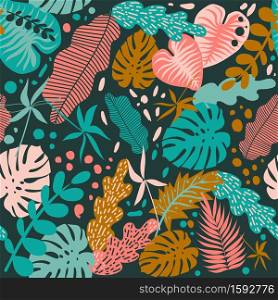 Seamless pattern with tropical leaves of plants. Flat style. Dark background. Drawn by hands. Illustration on a summer theme.