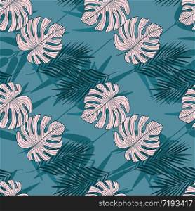 Seamless pattern with tropical leaves on blue background. Trendy botanical leaf wallpaper. Design for fabric, textile print, wrapping paper, fashion, interior, cover. Vector illustration. Seamless pattern with tropical leaves on blue background. Trendy botanical leaf wallpaper.
