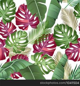 Seamless pattern with tropical leaves: palms, monstera, banana leaves, jungle leaf seamless vector pattern white background. Swimwear botanical design. Vector.
