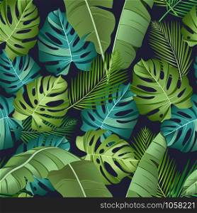 Seamless pattern with tropical leaves: palms, monstera, banana leaves, jungle leaf seamless vector pattern dark background. Swimwear botanical design. Vector.