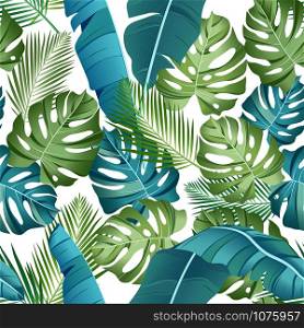 Seamless pattern with tropical leaves: palms, monstera, banana leaves, jungle leaf seamless vector pattern white background. Swimwear botanical design. Vector.
