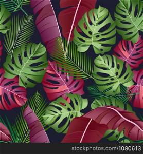 Seamless pattern with tropical leaves: palms, monstera, banana leaves, jungle leaf seamless vector pattern dark background. Swimwear botanical design. Vector.