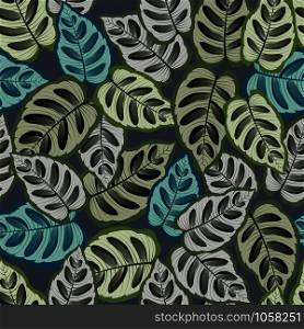 Seamless pattern with tropical leaves: palms, monstera, jungle leaf seamless vector pattern dark background. Swimwear botanical design. Vector.