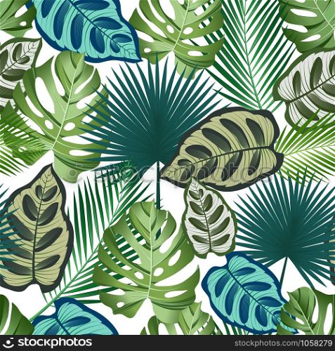 Seamless pattern with tropical leaves: palms, monstera, jungle leaf seamless vector pattern dark background. Swimwear botanical design.