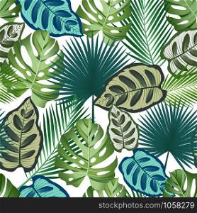 Seamless pattern with tropical leaves: palms, monstera, jungle leaf seamless vector pattern dark background. Swimwear botanical design.
