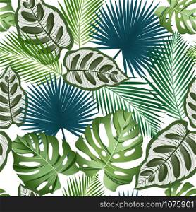 Seamless pattern with tropical leaves: palms, monstera, jungle leaf seamless vector pattern dark background. Swimwear botanical design. Vector.