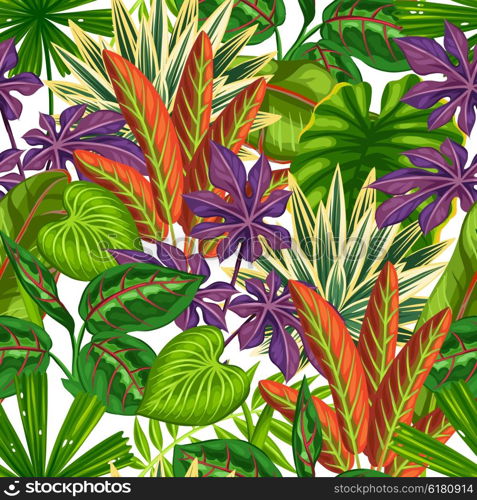 Seamless pattern with tropical plants and leaves. Background made without clipping mask. Easy to use for backdrop, textile, wrapping paper.