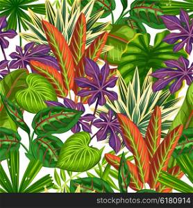 Seamless pattern with tropical plants and leaves. Background made without clipping mask. Easy to use for backdrop, textile, wrapping paper.