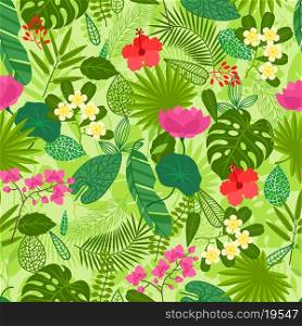 Seamless pattern with tropical plants, leaves and flowers.