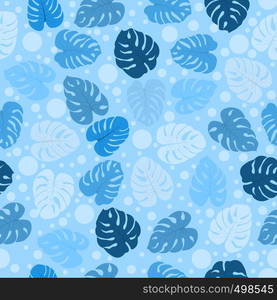 Seamless pattern with tropical plants leaves and monster bubbles. Modern random colors. Ideal for textiles, packaging, paper printing, simple backgrounds and textures.