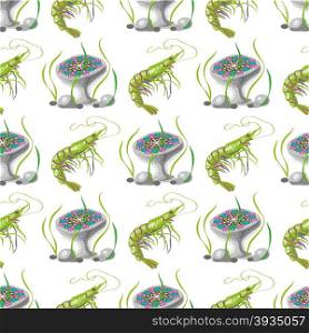 Seamless pattern with tropical shrimp and jellyfish. Vector illustration