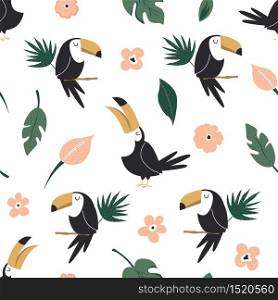Seamless pattern with tropical toucan birds and palm leaves. Abstract design for textile, wrapping paper, decorations. Vector illustration. Seamless pattern with tropical toucan birds and palm leaves. Abstract design for textile, wrapping paper, decorations