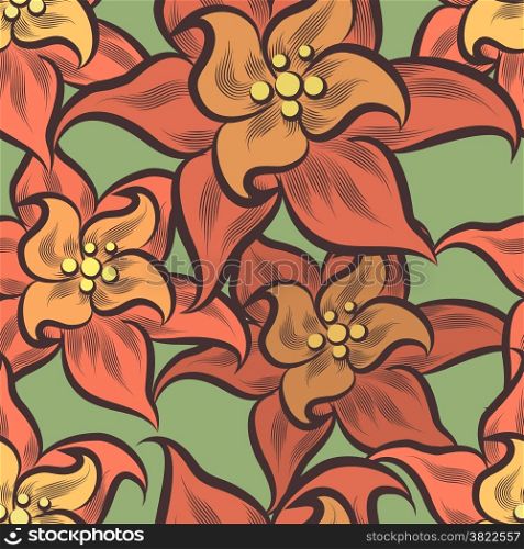 Seamless pattern with tropical wild flowers drawn in retro style.