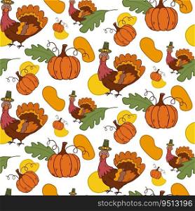 Seamless pattern with Turkey, Pumpkins, leaves and abstract spots. Vector thanksgiving theme. Pattern for decoration, textile, fabric, notebook coves, background card, poster, web, scrapbooking.. Seamless pattern with Turkey, Pumpkins, leaves and abstract spots. Vector thanksgiving theme.