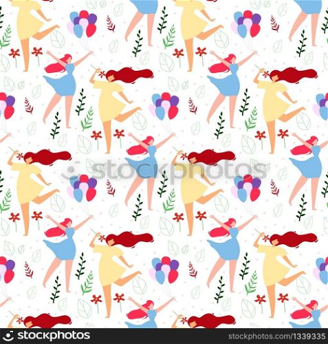 Seamless Pattern with Two Cartoon Women on Nature. Happy Girls with Flower and Balloons Dancing, Relaxing over White Backdrop. Foliage Decoration. Vector Flat Repeat Illustration. Endless Wallpaper. Seamless Pattern with Two Cartoon Women on Nature