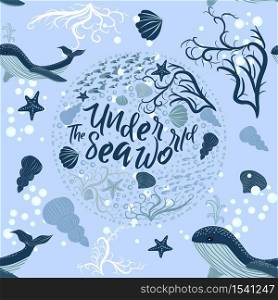 seamless pattern with underwater animals, seaweed and corals. Repeated texture with sea cartoon characters. Colorful childish background.. seamless pattern with underwater animals, seaweed and corals. Repeated texture with sea cartoon characters.
