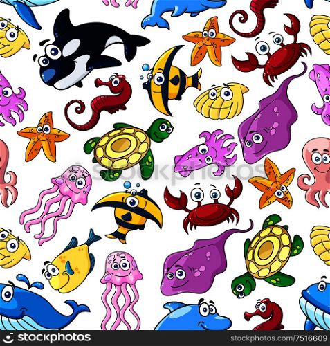 Seamless pattern with underwater fishes and dolphin, blue whale and crab, starfish and turtle, jellyfish and killer whale, squid and seahorse, stingray and sea shells characters on white background. Cartoon sea animals seamless pattern
