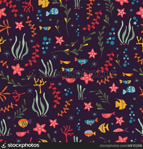 Seamless pattern with underwater ocean animals, cute fish and plants, colorful vector illustration
