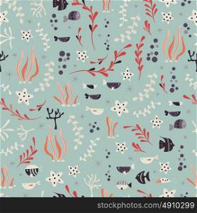 Seamless pattern with underwater ocean animals, cute fish and plants, colorful vector illustration
