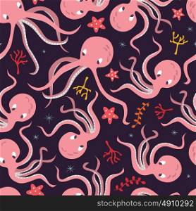 Seamless pattern with underwater ocean animals, cute octopus and starfish, colorful vector illustration