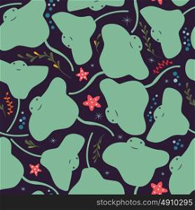 Seamless pattern with underwater ocean animals, cute stingray and starfish, colorful vector illustration