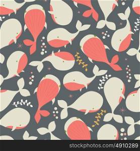 Seamless pattern with underwater ocean animals, cute whales, colorful vector illustration