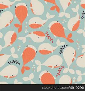 Seamless pattern with underwater ocean animals, cute whales, colorful vector illustration