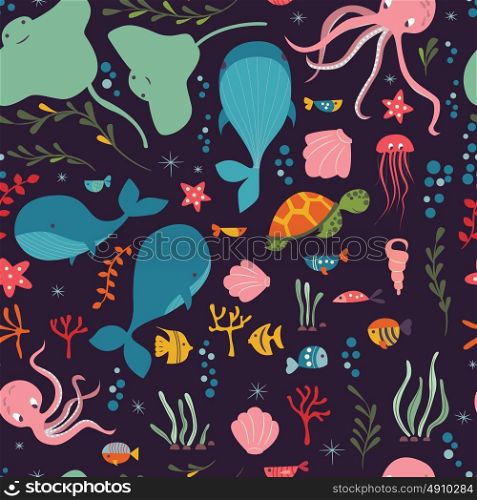 Seamless pattern with underwater ocean animals, whale, octopus, stingray, jellysfish, colorful vector illustration