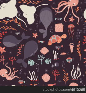 Seamless pattern with underwater ocean animals, whale, octopus, stingray, jellysfish, colorful vector illustration