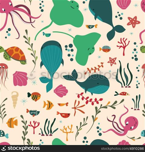 Seamless pattern with underwater ocean animals, whale, octopus, stingray, jellysfish, colorful vector illustration