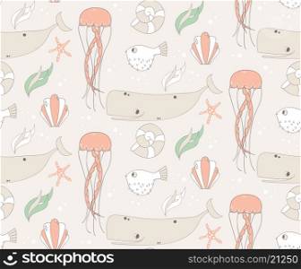 Seamless pattern with underwater scene, fish, whale, jelly fish, vector illustration