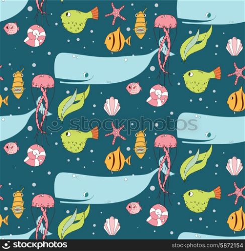 Seamless pattern with underwater scene, fish, whale, jelly fish, vector illustration