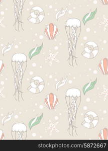 Seamless pattern with underwater scene, jelly fish and star fish, vector illustration