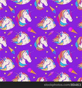 Seamless pattern with unicorn heads and ice cream. Vector illustration