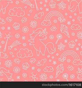Seamless pattern with unicorn, rainbow and magic wand in doodle style. Hand drawn vector illustration on pink background. Seamless pattern with unicorn, rainbow and magic wand in doodle style. Hand drawn vector illustration