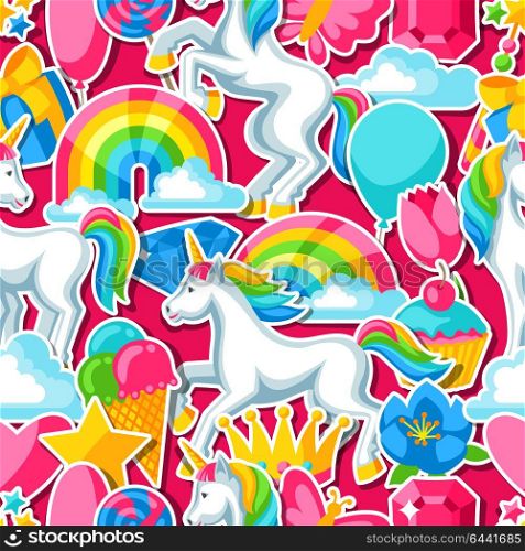 Seamless pattern with unicorns and fantasy items. Seamless pattern with unicorns and fantasy items.