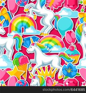 Seamless pattern with unicorns and fantasy items. Seamless pattern with unicorns and fantasy items.