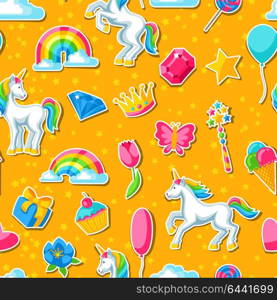 Seamless pattern with unicorns and fantasy items. Seamless pattern with unicorns and fantasy items.