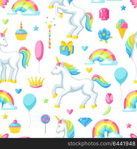 Seamless pattern with unicorns and fantasy items. Seamless pattern with unicorns and fantasy items.