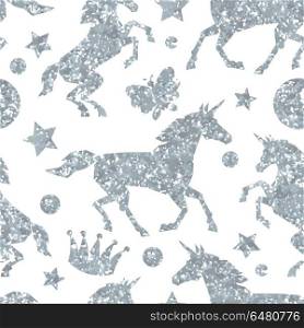 Seamless pattern with unicorns and silver glitter texture. Seamless pattern with unicorns and silver glitter texture.