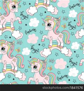 Seamless pattern with unicorns, clouds, rainbow and stars. Magic background with unicorns. Vector illustration in trendy colors. For design, print, decor, wallpaper, linen, dishes, textile.. Vector seamless pattern with cute unicorn on a rainbow