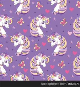 Seamless pattern with unicorns heads, butterflies, hearts and stars. Magic background with unicorns. Vector illustration in trendy colors. For design, print, decor, wallpaper, linen, dishes, textile.. Vector seamless pattern with cute unicorns and butterflies