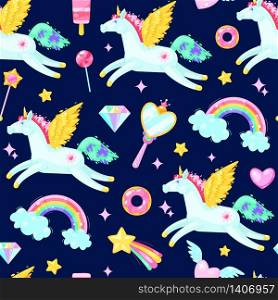 Seamless pattern with unicorns,hearts,candies, clouds, rainbows and other elements on dark background.